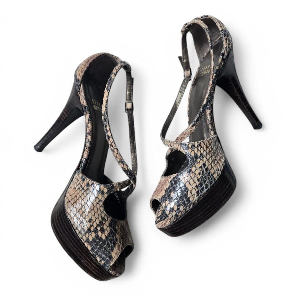Stuart Weitzman Snakeskin Embossed Leather Peep Toe Stroppy Heels Size 6.5 Tan